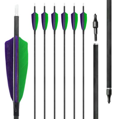OBTOUTDOOR 12Pack Archery Feather Arrows 28-31inch Spine 400 Pure Carbon Arrows Hunting Arrows for Traditional Recurve Longbow and Compound Bow Arrows (29 Inch Pack of 6)