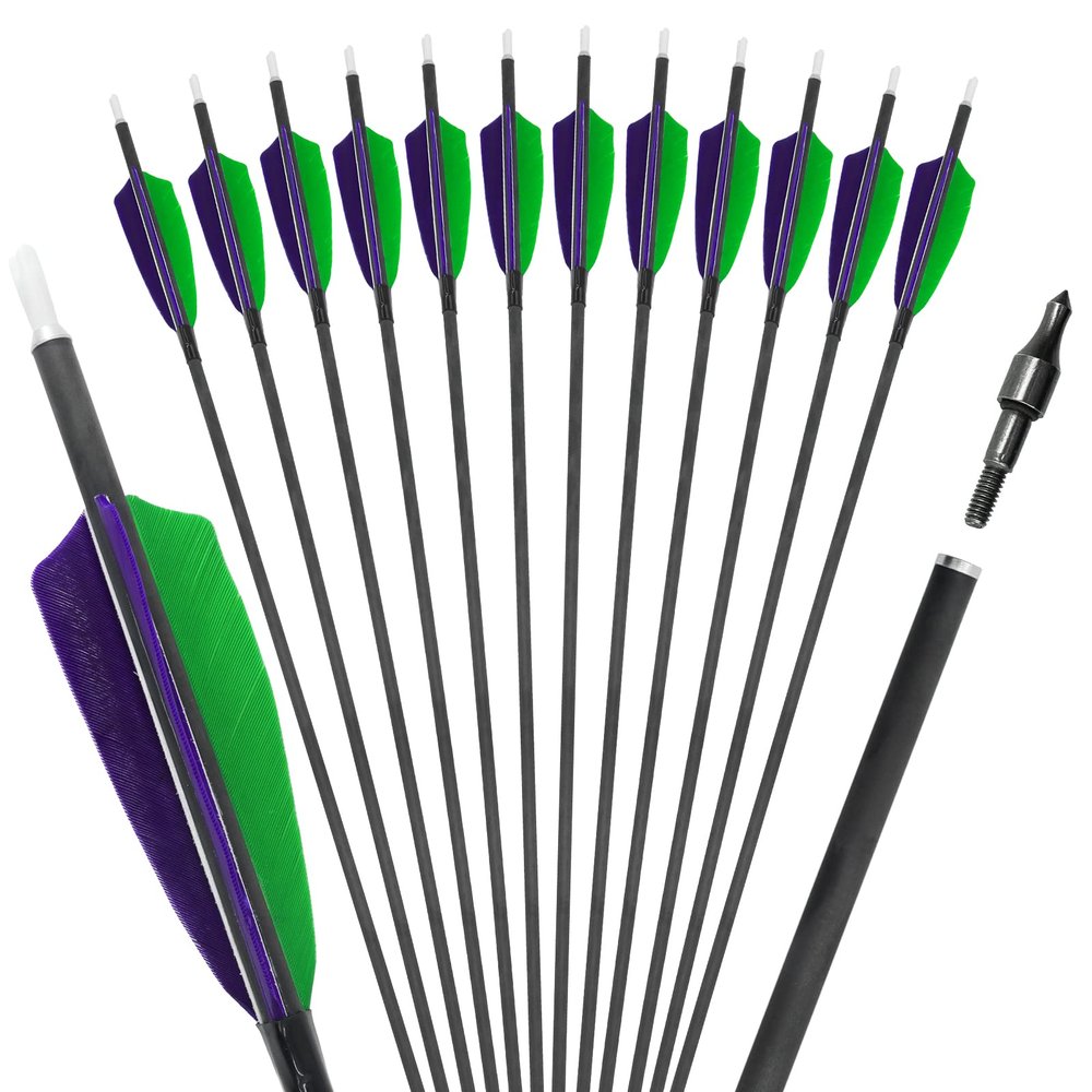 OBTOUTDOOR 12Pack Archery Feather Arrows 28-31inch Spine 400 Pure Carbon Arrows Hunting Arrows for Traditional Recurve Longbow and Compound Bow Arrows (28 Inch Pack of 12)