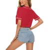 Womens Baseball Jersey Button Down T-Shirts Short Sleeve V-Neck Crop Top Blouse Softball Button Up Jersey (Red,L,Large,Regular,Regular,Adult,Female,US) view 2