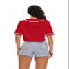 Womens Baseball Jersey Button Down T-Shirts Short Sleeve V-Neck Crop Top Blouse Softball Button Up Jersey (Red,L,Large,Regular,Regular,Adult,Female,US) view 3
