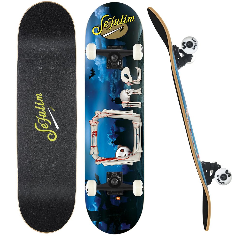 Sefulim 31 x 8 Inch Complete Skateboard 7 Layer Canadian Maple Double Kick Deck Concave Cruiser Trick Skateboard for Boys Girls Teens Adults Beginner(Skull one)