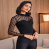 Regular Sleeve Long Sleeve Mock-Neck Sheer Dobby Mesh Yoke Fitted Top Women's Comfort T-Shirt Black view 3