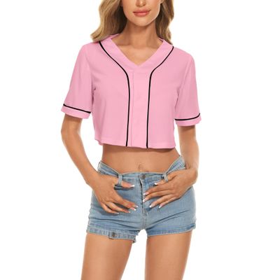 Mowbeat Womens Baseball Jersey Button Down T-Shirts Short Sleeve V-Neck Crop Top Blouse Softball Button Up Jersey (Pink,L,Large,Regular,Regular,Adult,Female,US)