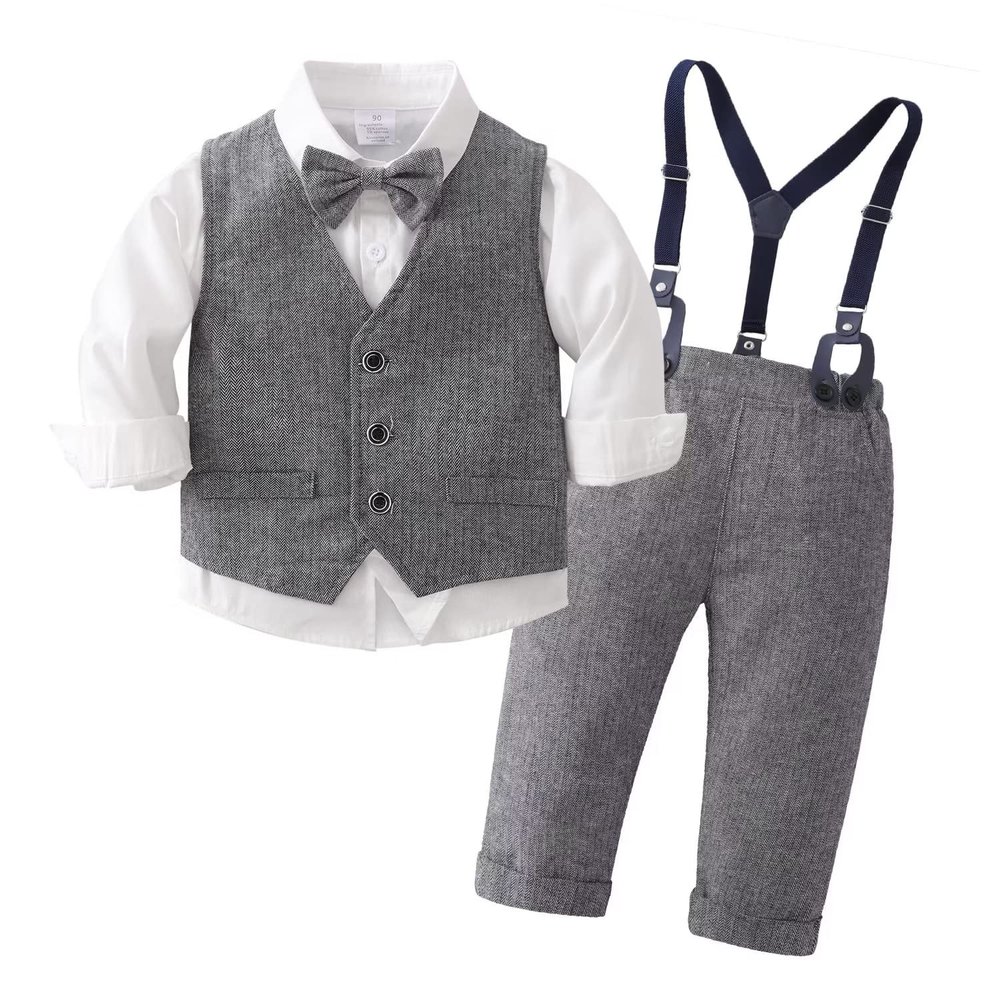 Tiepant Boys Long Sleeve Dress Shirt with Bowtie + Suspender Pants + Vest Gentleman Outfit for Toddler Gray 4-5T