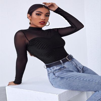 BENIN Regular Sleeve Long Sleeve Mock-Neck Mesh Yoke Velvet Tee Rib-Knit Women's Comfort T-Shirt Black