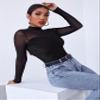 BENIN Regular Sleeve Long Sleeve Mock-Neck Mesh Yoke Velvet Tee Rib-Knit Women's Comfort T-Shirt Black view 1