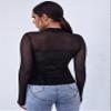 BENIN Regular Sleeve Long Sleeve Mock-Neck Mesh Yoke Velvet Tee Rib-Knit Women's Comfort T-Shirt Black view 2