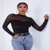 BENIN Regular Sleeve Long Sleeve Mock-Neck Mesh Yoke Velvet Tee Rib-Knit Women's Comfort T-Shirt Black view 3