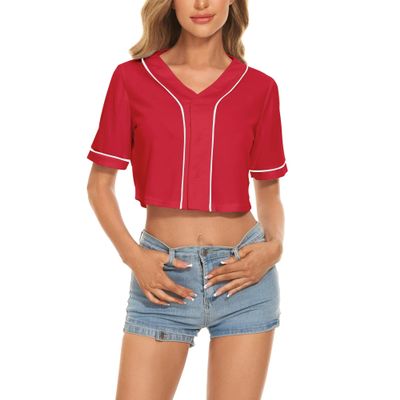 Womens Baseball Jersey Button Down T-Shirts Short Sleeve V-Neck Crop Top Blouse Softball Button Up Jersey (Red,S,Small,Regular,Regular,Adult,Female,US)
