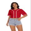 Womens Baseball Jersey Button Down T-Shirts Short Sleeve V-Neck Crop Top Blouse Softball Button Up Jersey (Red,S,Small,Regular,Regular,Adult,Female,US) view 4
