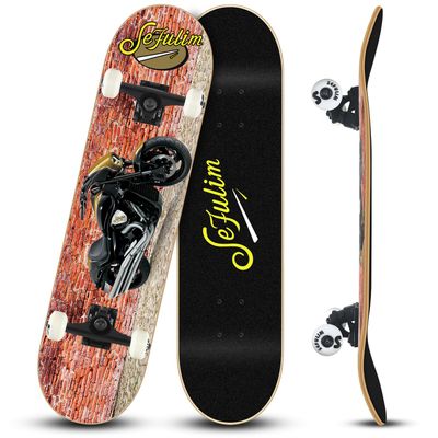 Sefulim 31 x 8 Inch Complete Skateboard 7 Layer Canadian Maple Double Kick Deck Concave Cruiser Trick Skateboard for Boys Girls Teens Adults Beginner(Motorcycle Wall)