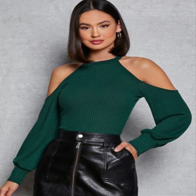 Bishop Sleeve Long Sleeve Cold Shoulder Rib-Knit Tee Women's Comfort T-Shirt