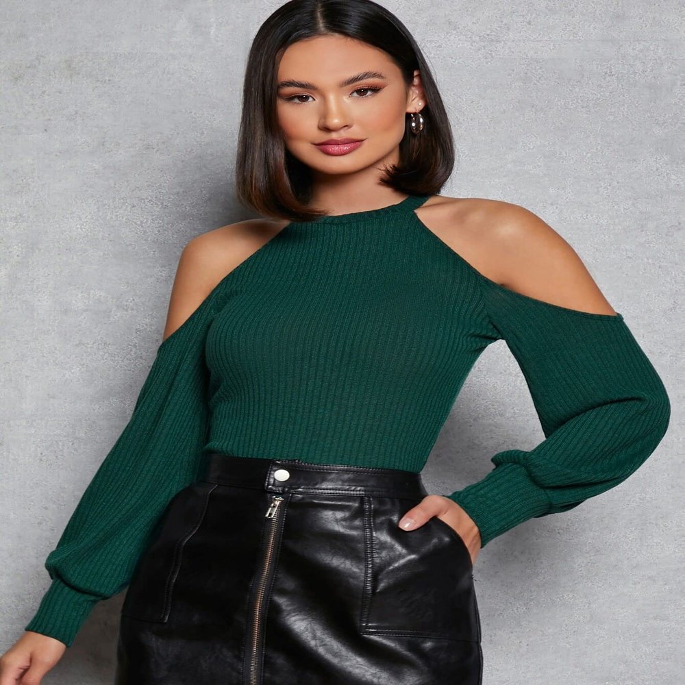 Bishop Sleeve Long Sleeve Cold Shoulder Rib-Knit Tee Women's Comfort T-Shirt