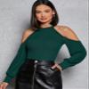Bishop Sleeve Long Sleeve Cold Shoulder Rib-Knit Tee Women's Comfort T-Shirt view 1