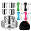 Outdoor Camping Mess Kit, Stainless Steel Tableware Mess Kit Includes Plate Bowl Cup Spoon Fork Knife in Mesh Bags for Camping Backpacking & Hiking for 4 Person view 1