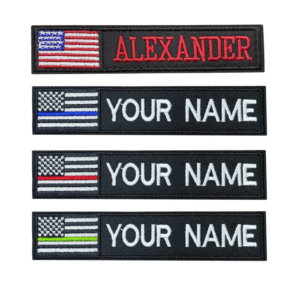 2PCS Customizable Name Patches with Hook FastenerPersonalized Tactical Morale Embroidered Name Tapes with American Flag Patch for Hats Caps Bags Backpacks Tactical Vest Military