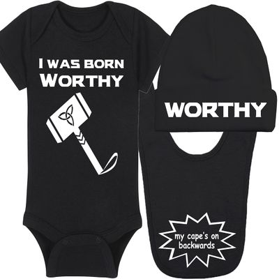 Superhero Baby Onesie and Blanket - I Was Born Worthy - Mjolnir (12-18 Month - Black Fabric - White Design)