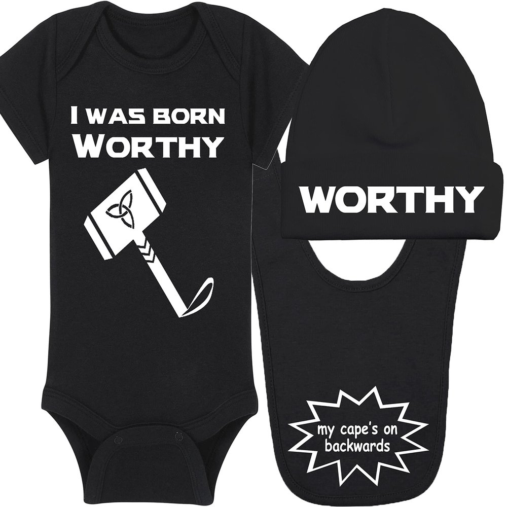 Superhero Baby Onesie and Blanket - I Was Born Worthy - Mjolnir (12-18 Month - Black Fabric - White Design)