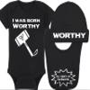 Superhero Baby Onesie and Blanket - I Was Born Worthy - Mjolnir (12-18 Month - Black Fabric - White Design) view 1