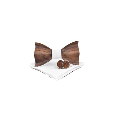 Classic Men's Wooden Bow Tie Groom Groomsman Flower Girl Bow Tie Cufflinks Matching Square Handkerchief Set with Gift Box (White) One Size