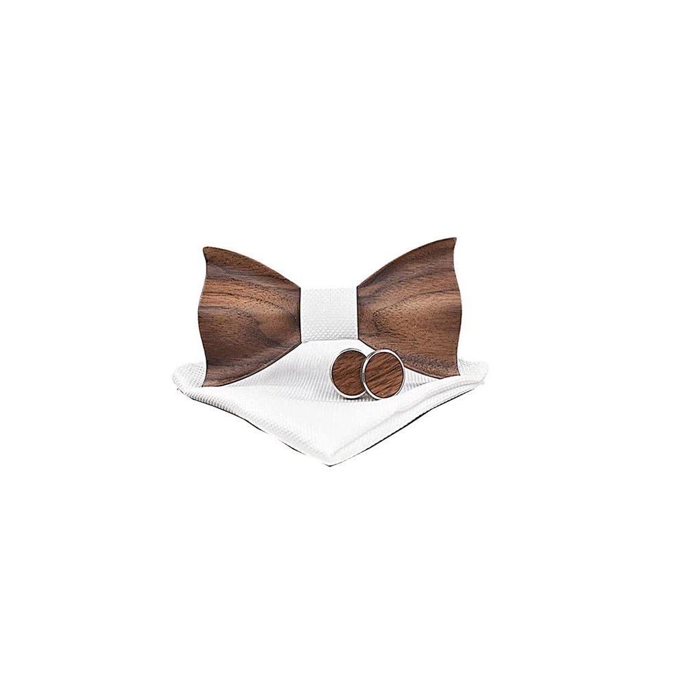 Classic Men's Wooden Bow Tie Groom Groomsman Flower Girl Bow Tie Cufflinks Matching Square Handkerchief Set with Gift Box (White) One Size