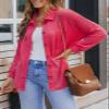 Dokotoo Womens Waffle Knit Shacket Jacket Spring Button Down Tops for Women Casual Loose Fit Long Batwing Sleeve Blouses Lightweight Solid Color V Neck Hot Pink Shirts Large view 2