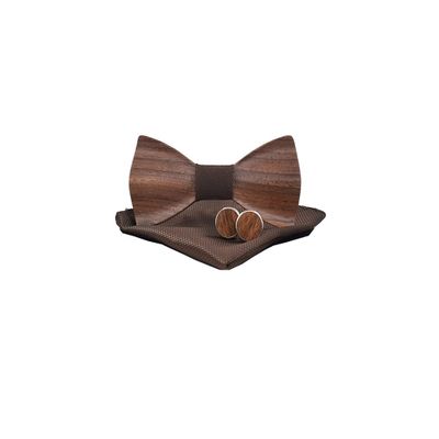 Classic Men's Wooden Bow Tie Groom Groomsman Flower Girl Bow Tie Cufflinks Matching Square Handkerchief Set with Gift Box (Brown)
