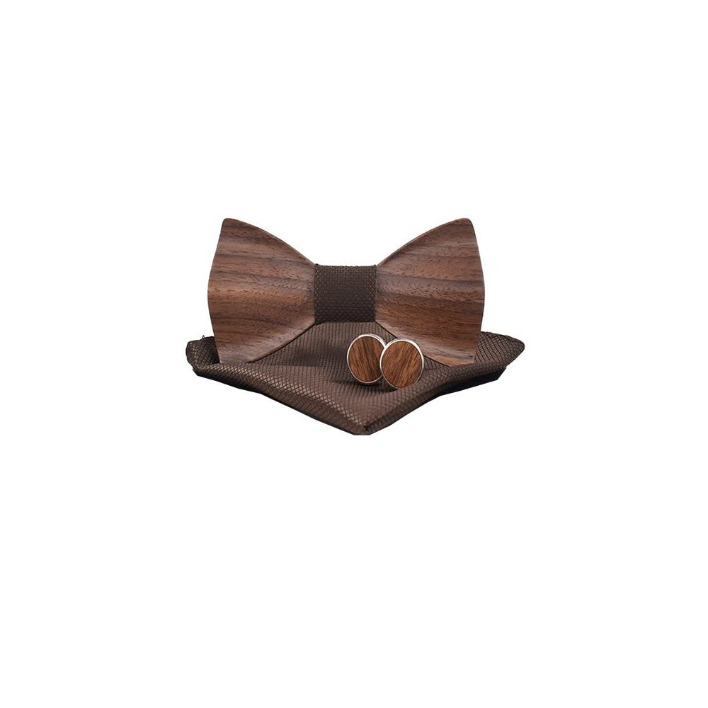 Classic Men's Wooden Bow Tie Groom Groomsman Flower Girl Bow Tie Cufflinks Matching Square Handkerchief Set with Gift Box (Brown)