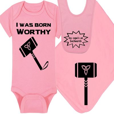 Superhero Baby Onesie - I Was Born Worthy (3-6 Month - Pink Fabric - Black Design)
