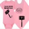 Superhero Baby Onesie - I Was Born Worthy (3-6 Month - Pink Fabric - Black Design) view 1