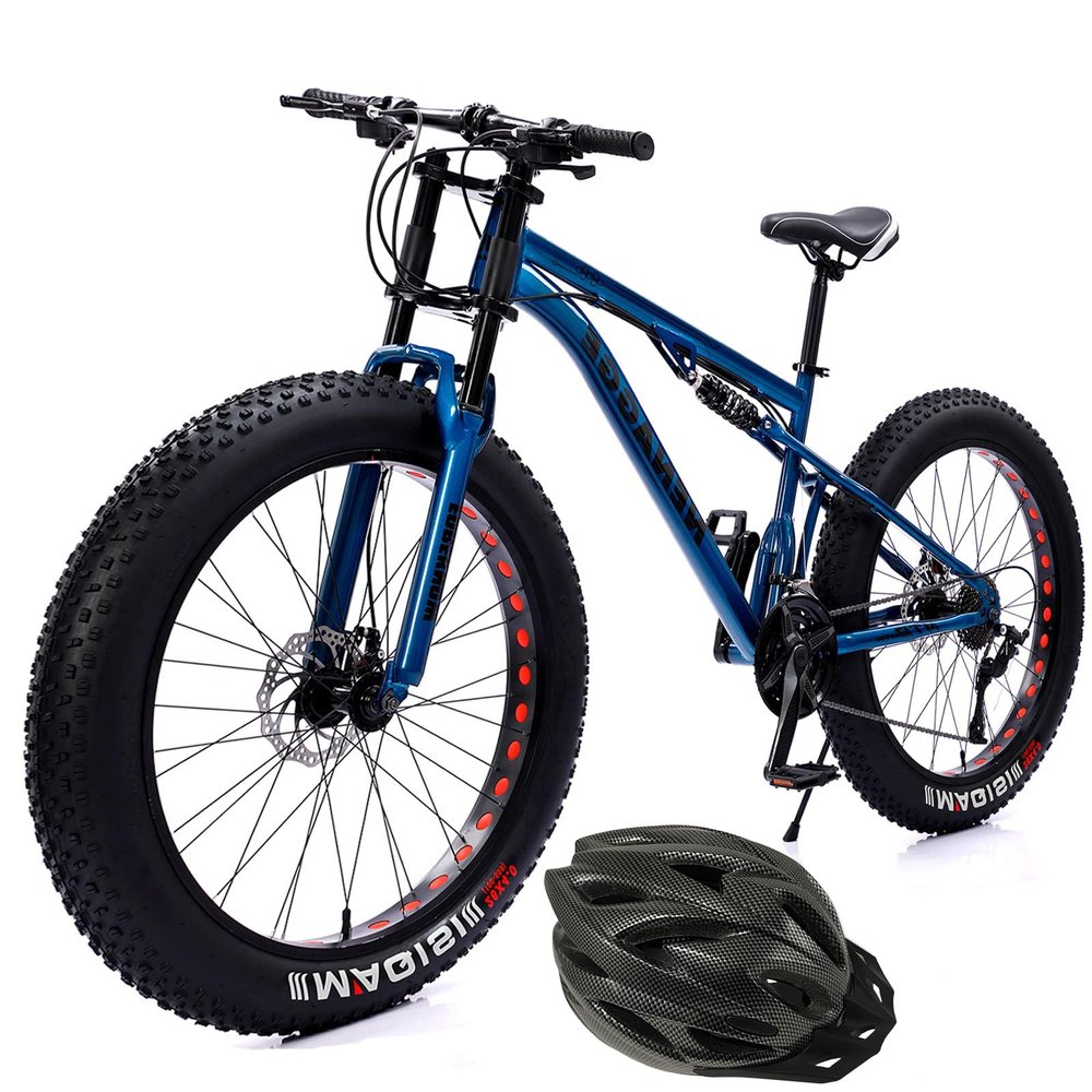 Adults Fat Tire Mountain Bike 26 Inch Full Suspension Mountain Bikes 27 Speed for Men Women, Heavy Riders All Terrain MTB Carbon Steel Trail Snow Bicycle with Dual Disc Brake,Blue