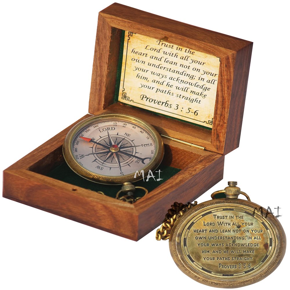 Trust in The Lord with All Your Heart -Proverbs 3: 5-6 Quote Engraved Compass with Wooden Box, Camping Compass, Graduation Day, Religious Gifts, Catholic Gifts for Christmas.