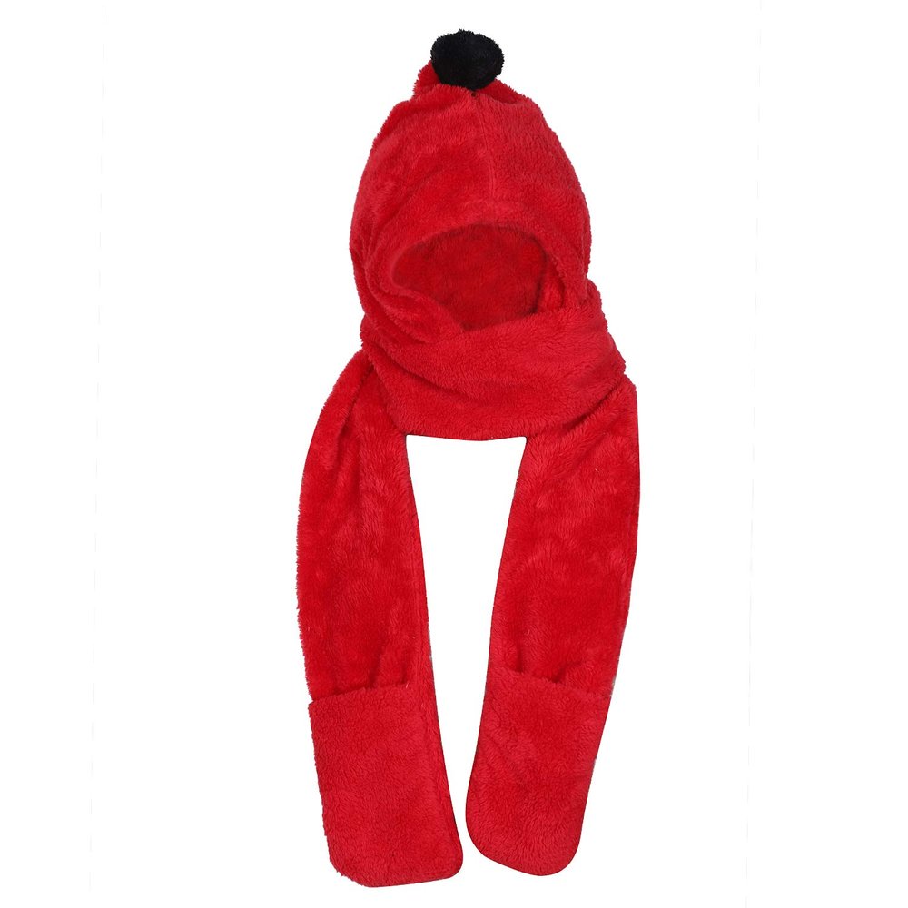 Kids Warm Hat Scarf Gloves 3 in 1 Plush Hood Earflap Hat Winter Thermal Hat for Boys Girls 3-12Year Red