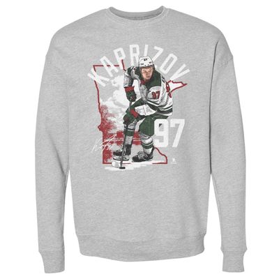 500 LEVEL Kirill Kaprizov Sweatshirt (Crew Sweatshirt, XX-Large, Heather Gray) - Kirill Kaprizov Minnesota State Outline WHT