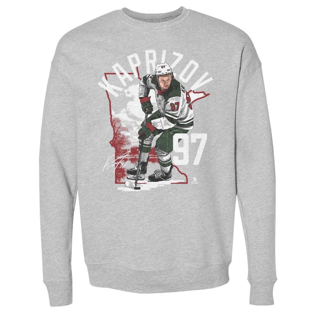 500 LEVEL Kirill Kaprizov Sweatshirt (Crew Sweatshirt, XX-Large, Heather Gray) - Kirill Kaprizov Minnesota State Outline WHT