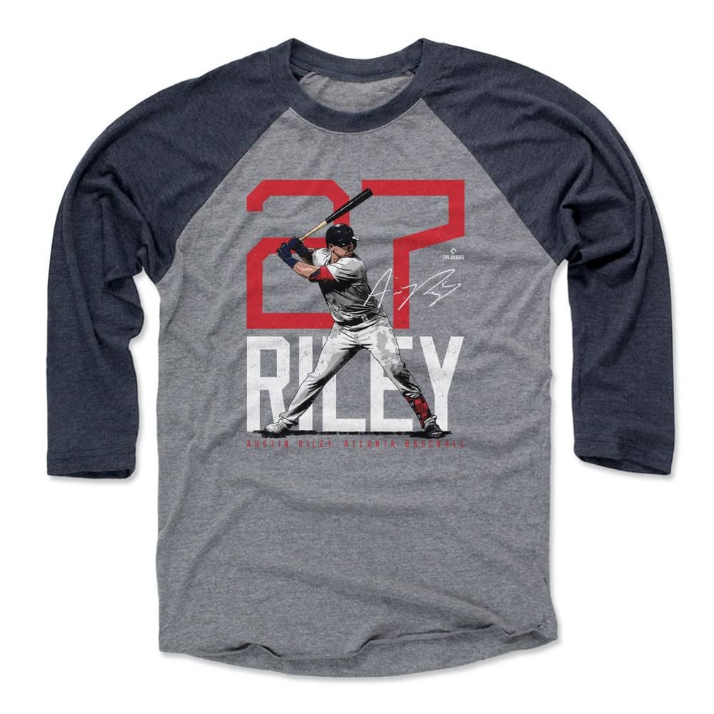 500 LEVEL Austin Riley 3/4 Sleeve T-Shirt (Baseball Tee, XXX-Large, Navy/Heather Gray) - Austin Riley Atlanta Bold Number WHT