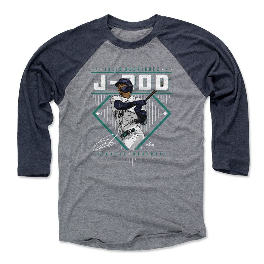 500 LEVEL Julio Rodriguez 3/4 Sleeve T-Shirt (Baseball Tee, XXX-Large, Navy/Heather Gray) - Julio Rodriguez Seattle Diamond Name WHT