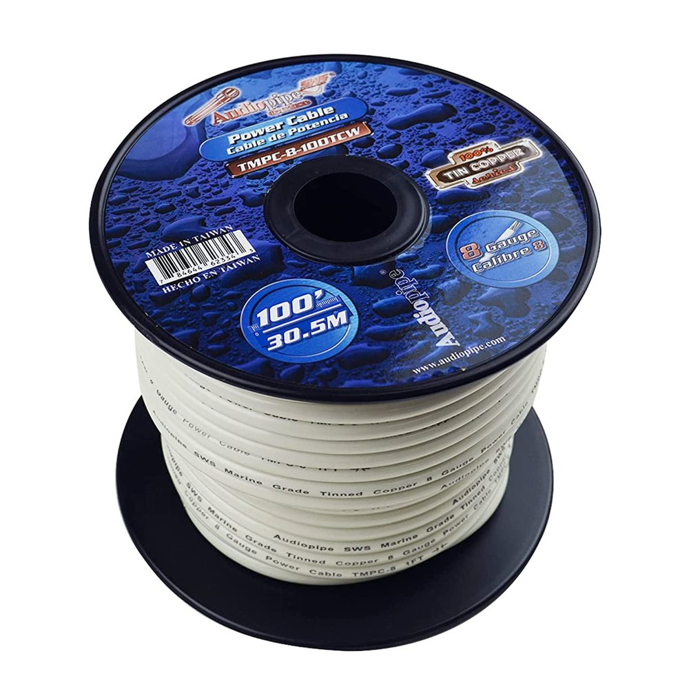 Audiopipe Marine 8 Gauge Power Cable Flexible Tinned Copper, Marine Grade, White 100 feet (TMPC-8-100TCW)
