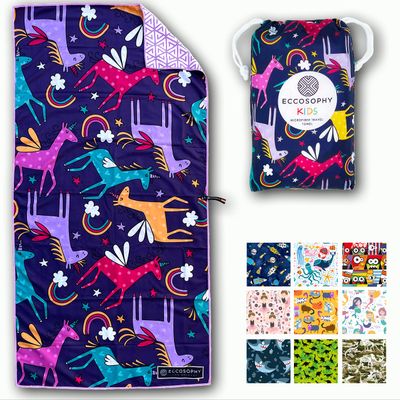 ECCOSOPHY Microfiber Kids Beach Towels & Pouch 60"x30" for Girls & Boys - Quick Dry Pool Towels - Sand Free Beach Blanket for Travel - Camping - Vacation - Toallas Playas (Unicorns)