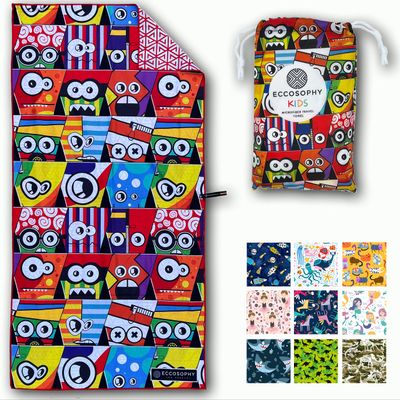 ECCOSOPHY Microfiber Kids Beach Towels & Pouch 60"x30" for Girls & Boys - Quick Dry Pool Towels - Sand Free Beach Blanket for Travel - Camping - Vacation - Toallas Playas (Monsters)