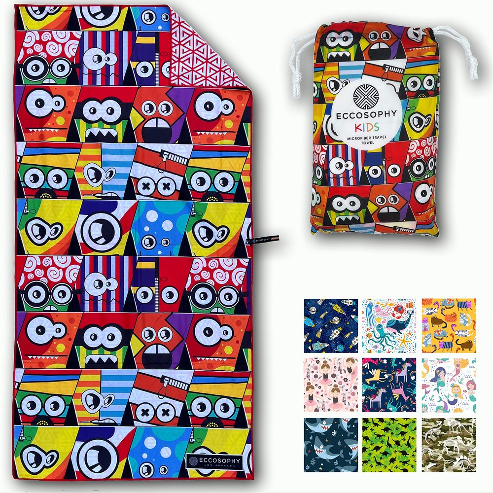 ECCOSOPHY Microfiber Kids Beach Towels & Pouch 60"x30" for Girls & Boys - Quick Dry Pool Towels - Sand Free Beach Blanket for Travel - Camping - Vacation - Toallas Playas (Monsters)