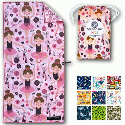 ECCOSOPHY Microfiber Kids Beach Towels & Pouch 60"x30" for Girls & Boys - Quick Dry Pool Towels - Sand Free Beach Blanket for Travel - Camping - Vacation - Toallas Playas (Ballerina)