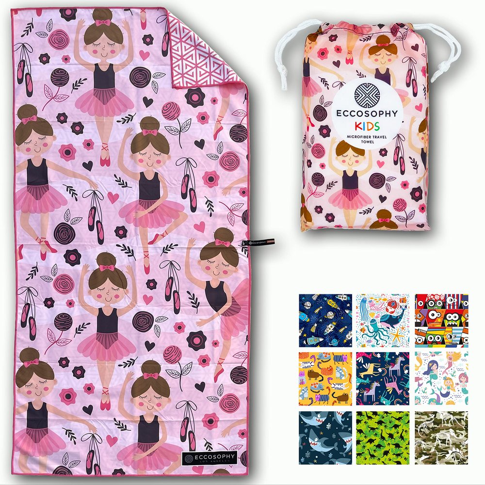 ECCOSOPHY Microfiber Kids Beach Towels & Pouch 60"x30" for Girls & Boys - Quick Dry Pool Towels - Sand Free Beach Blanket for Travel - Camping - Vacation - Toallas Playas (Ballerina)