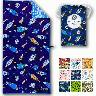 ECCOSOPHY Microfiber Kids Beach Towels & Pouch 60"x30" for Girls & Boys - Quick Dry Pool Towels - Sand Free Beach Blanket for Travel - Camping - Vacation - Toallas Playas (Space)