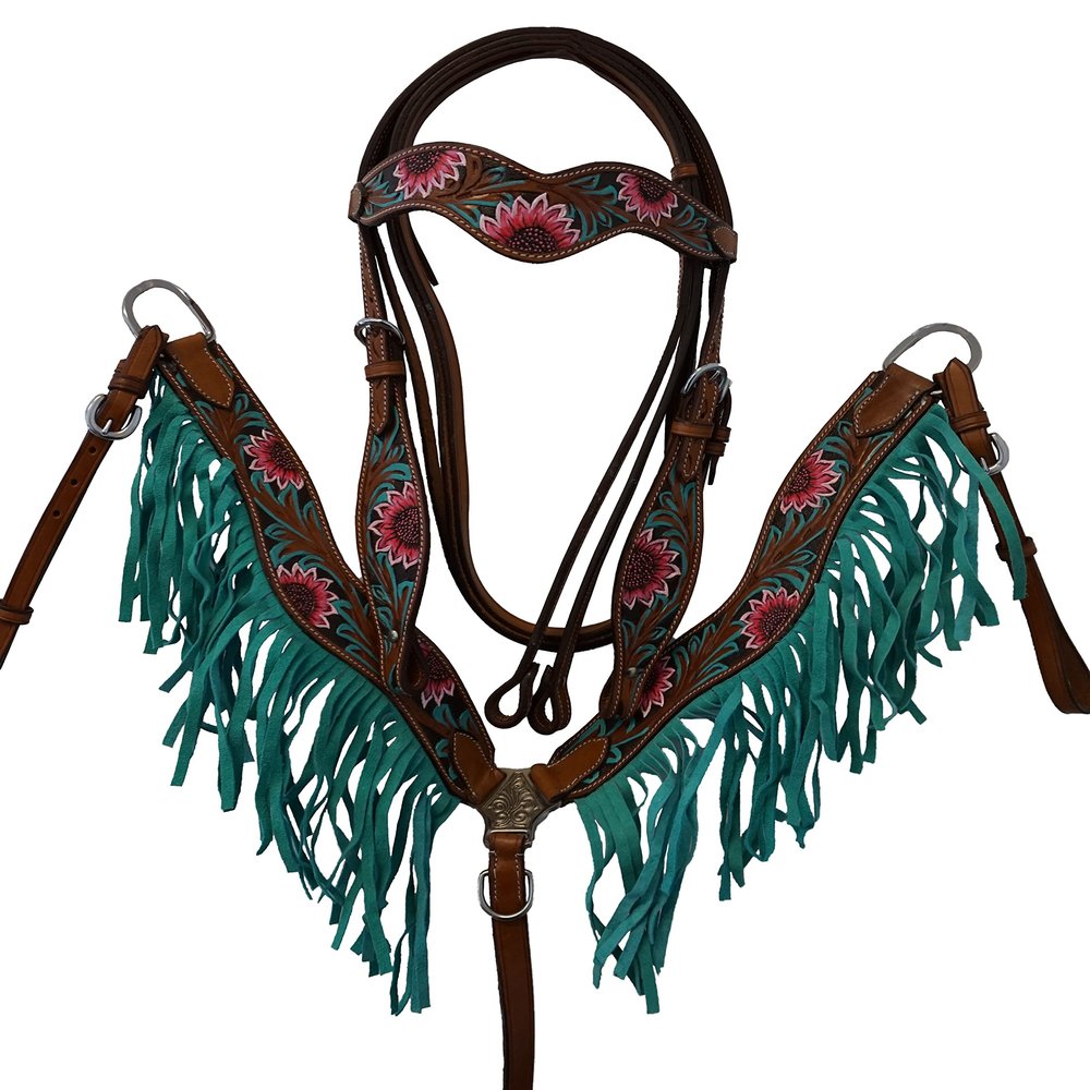 Equitem Painted Flower Tooled Leather Headstall and Breast Collar Set with Fringe Detail (Teal Fringe, Horse)