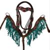 Equitem Painted Flower Tooled Leather Headstall and Breast Collar Set with Fringe Detail (Teal Fringe, Horse) view 1