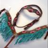 Equitem Painted Flower Tooled Leather Headstall and Breast Collar Set with Fringe Detail (Teal Fringe, Horse) view 2