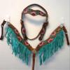 Equitem Painted Flower Tooled Leather Headstall and Breast Collar Set with Fringe Detail (Teal Fringe, Horse) view 3