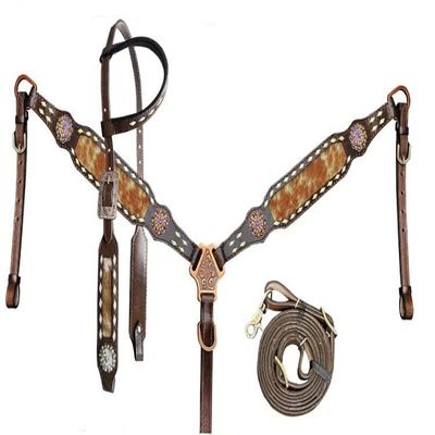 Showman Leather Single Ear Headstall & Breast Collar Set w/Hair-On Cowhide