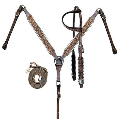 Showman Two-Tone Floral Tooled Leather Single Ear Headstall & Breast Collar Set w/Rawhide Lacing